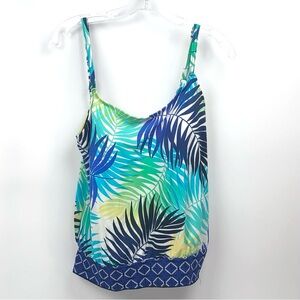 Liz Claiborne Tropical Swimming Suit Top Tankini Bra Cups Blue Green Yellow 14